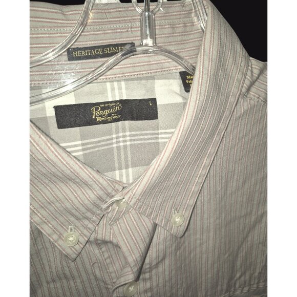 Original Penguin Heritage Slim Fit Short Sleeve Striped Button-Down Shirt L Beig - Picture 5 of 8